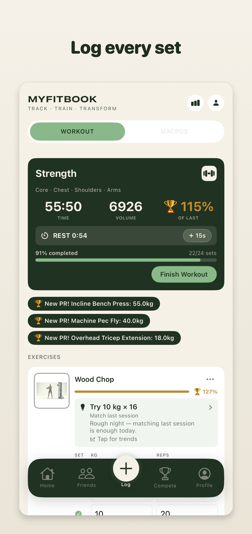 MyMyFitBook active workout — live effort gauge, rest timer and new personal records