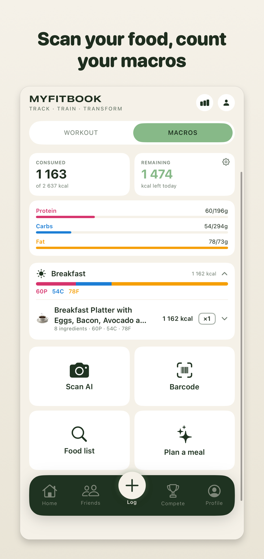 MyMyFitBook macros — calories remaining, protein, carbs and fat, and the AI food scan