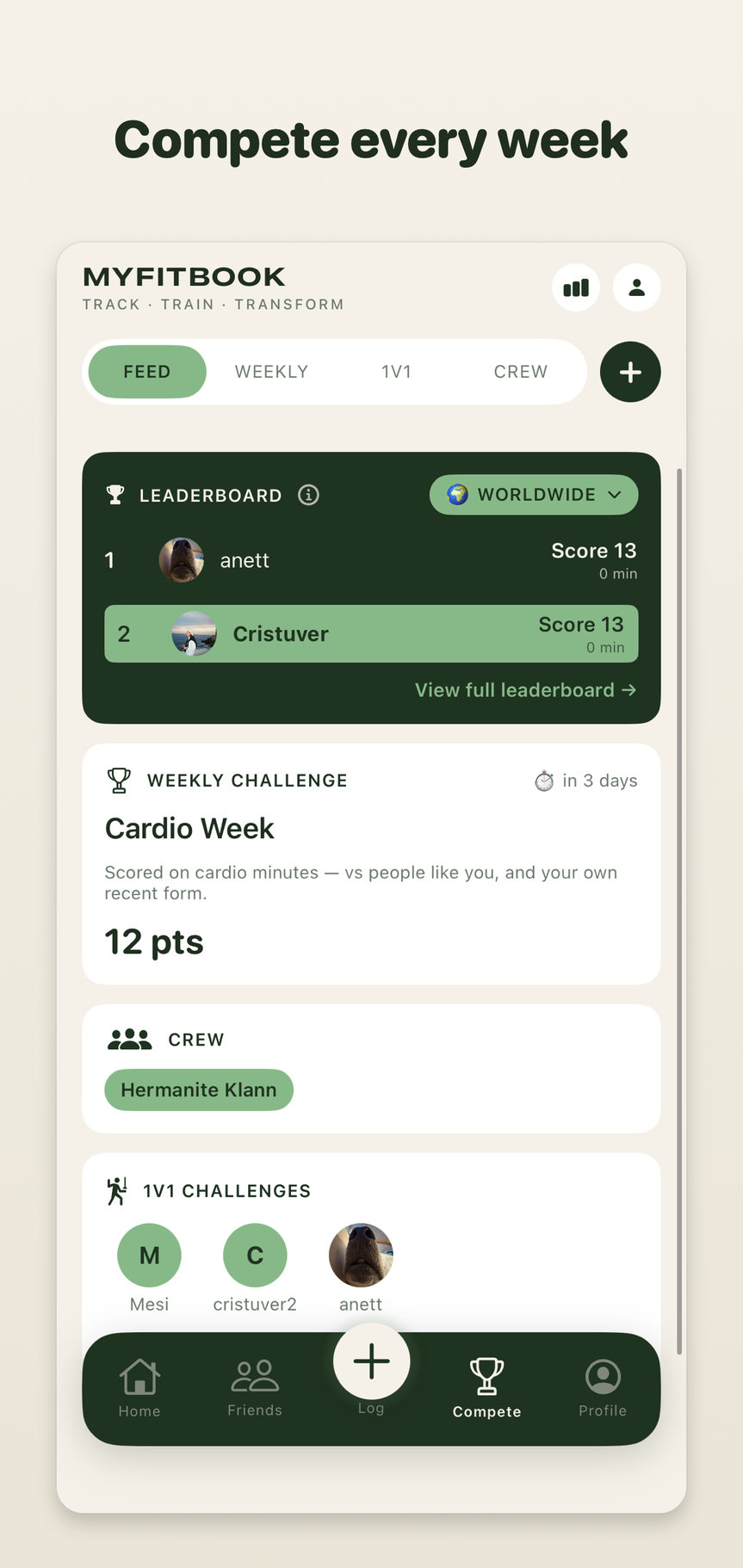 MyMyFitBook compete tab — worldwide leaderboard, weekly challenge, crew and 1v1 duels
