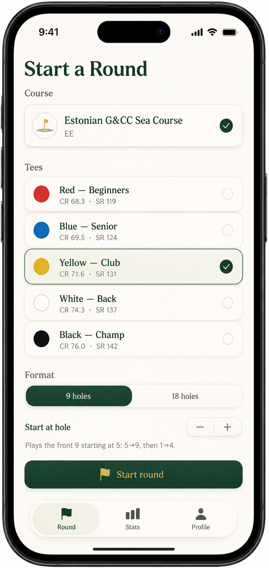 Perfect Round round setup — pick a course, tee, format (9 or 18 holes), and starting hole
