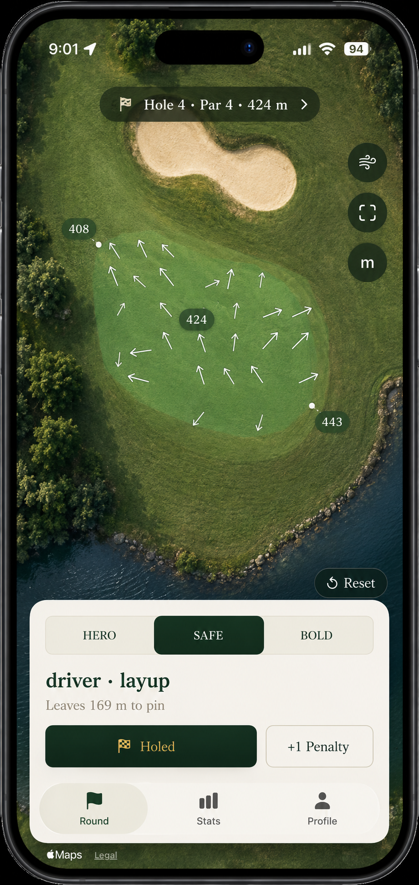 Perfect Round AR caddy — aerial hole view with shot-zone scatter and SAFE/BOLD/HERO play suggestions