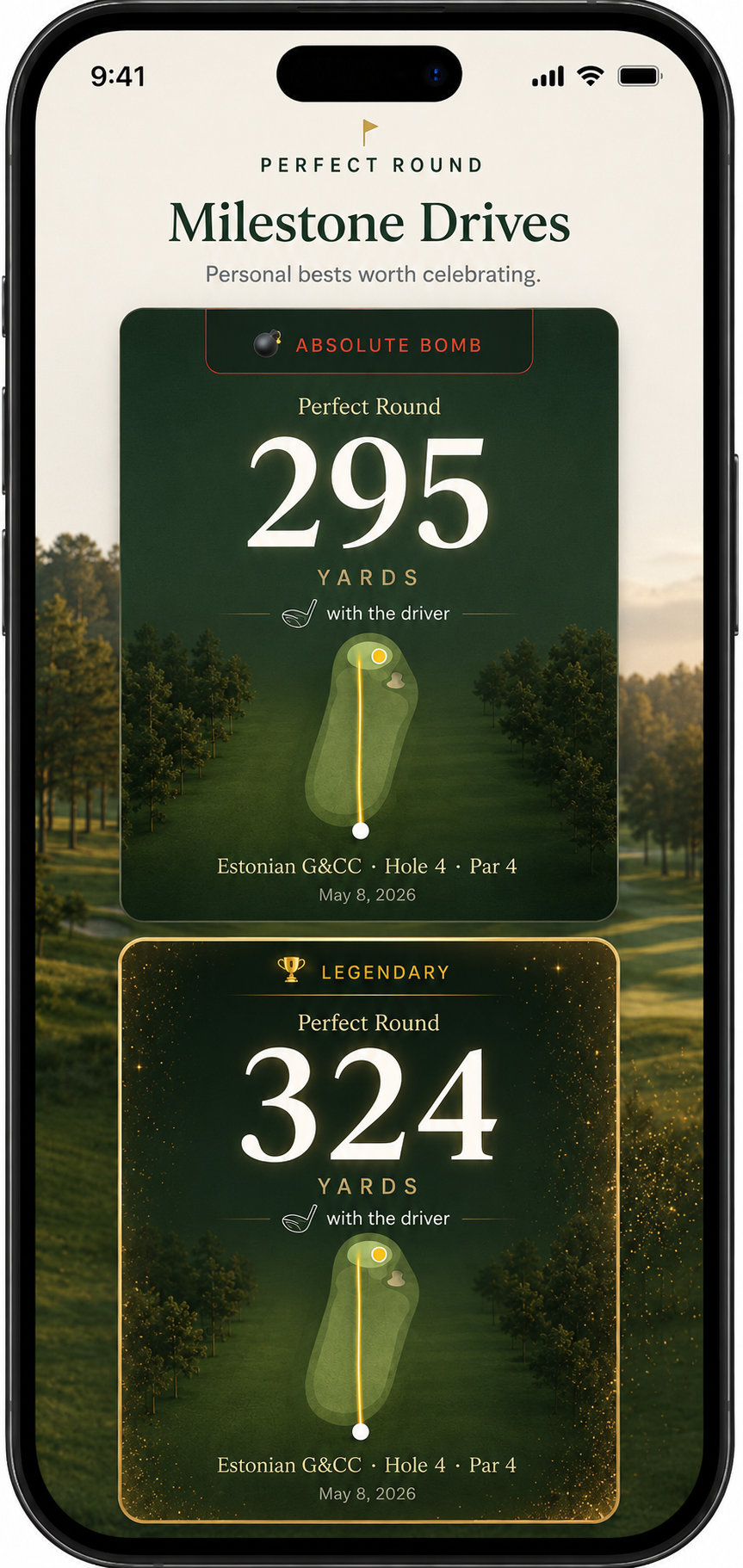 Perfect Round Milestone Drives — personal-best celebrations for distance off the tee